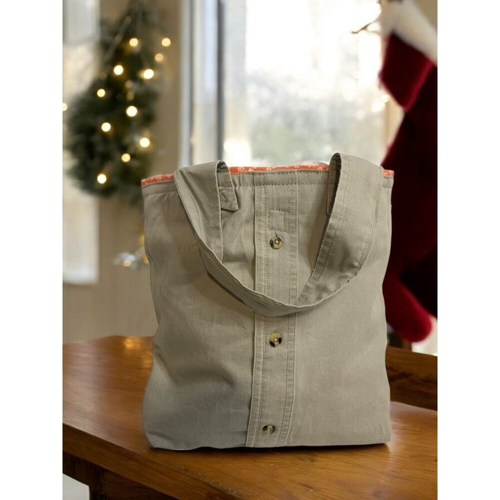 Handcrafted Khaki reclaimed fabric Tote Bag Button Accents Floral Interior
